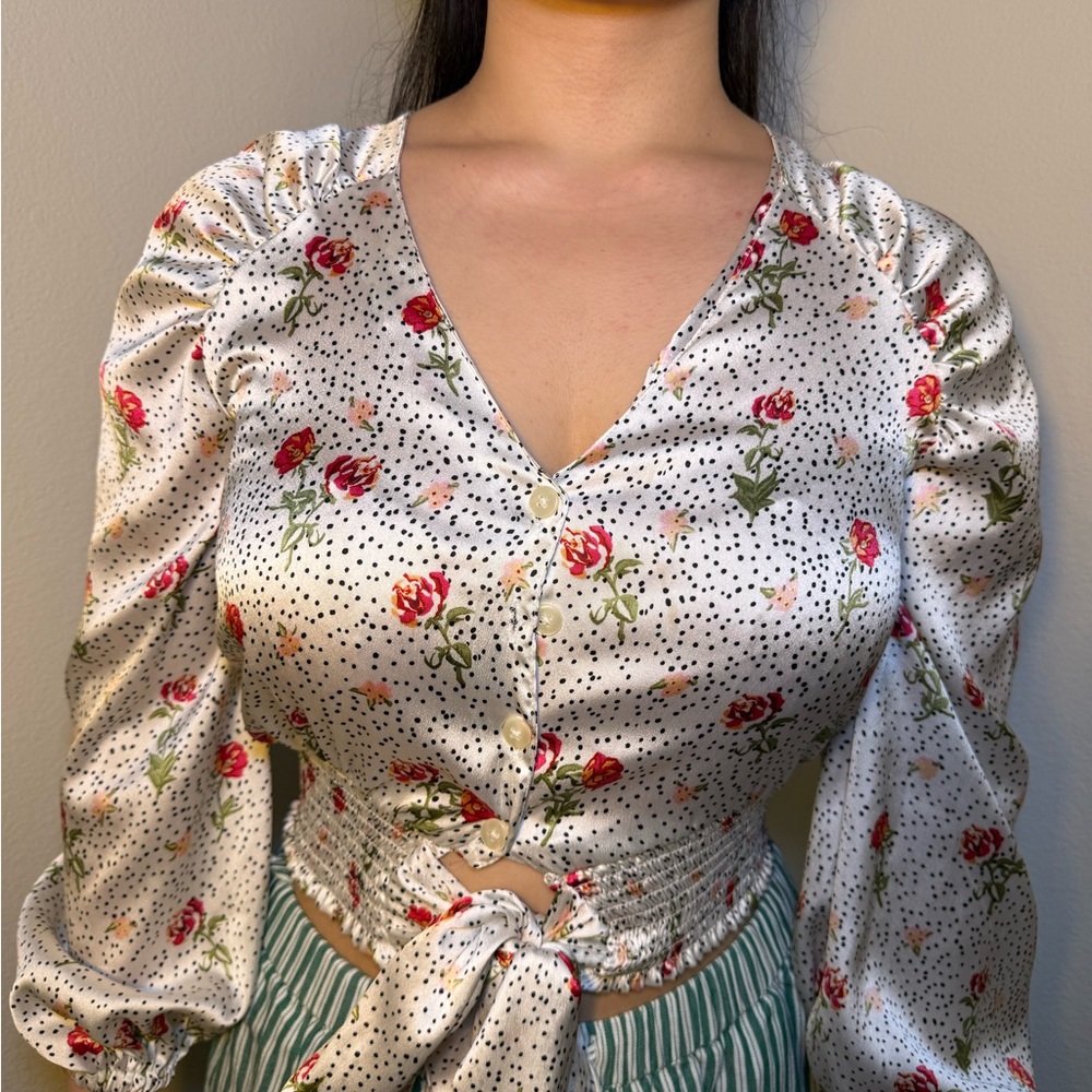 Topshop Floral Tie-Front Blouse - Red and Green on White